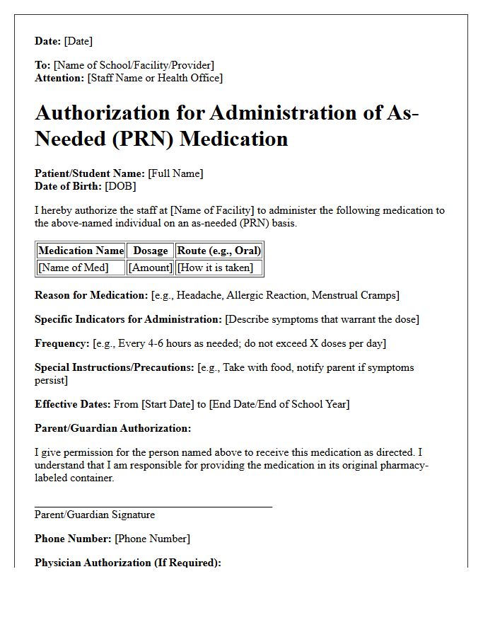 As-Needed Medication Administration Authorization Letter