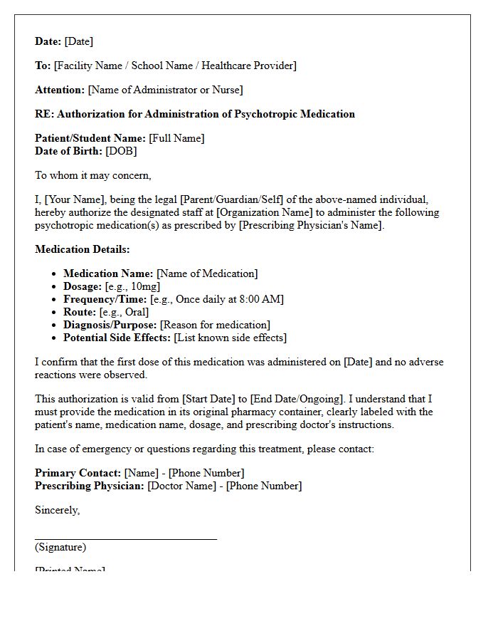 Psychotropic Treatment Medication Administration Authorization Letter