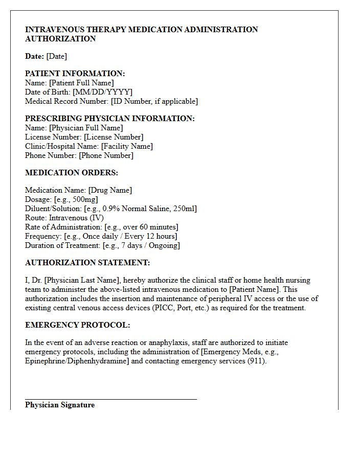 Intravenous Therapy Medication Administration Authorization Letter