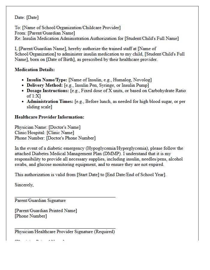 Diabetic Insulin Medication Administration Authorization Letter