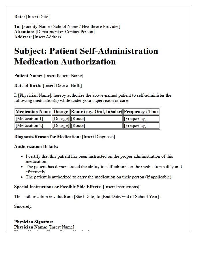 Patient Self-Administration Medication Authorization Letter