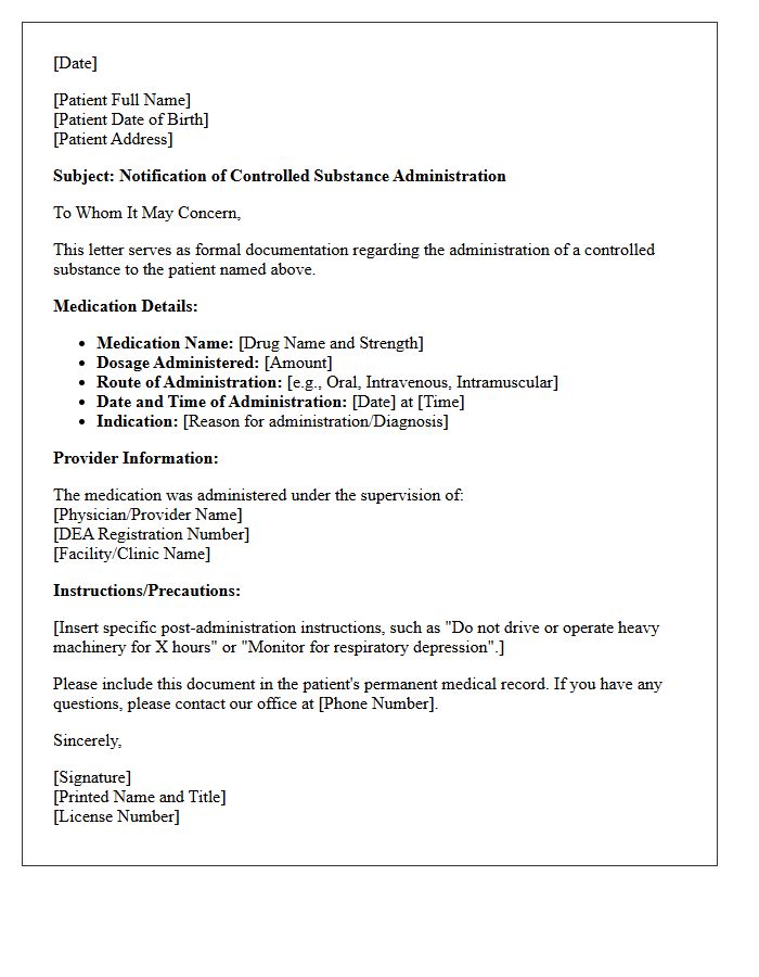 Controlled Substance Administration Letter