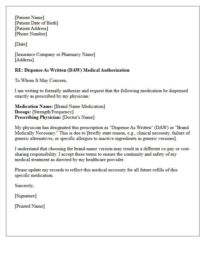 Dispense As Written Medical Authorization Letter