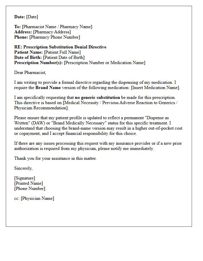 Prescription Substitution Denial Directive Letter