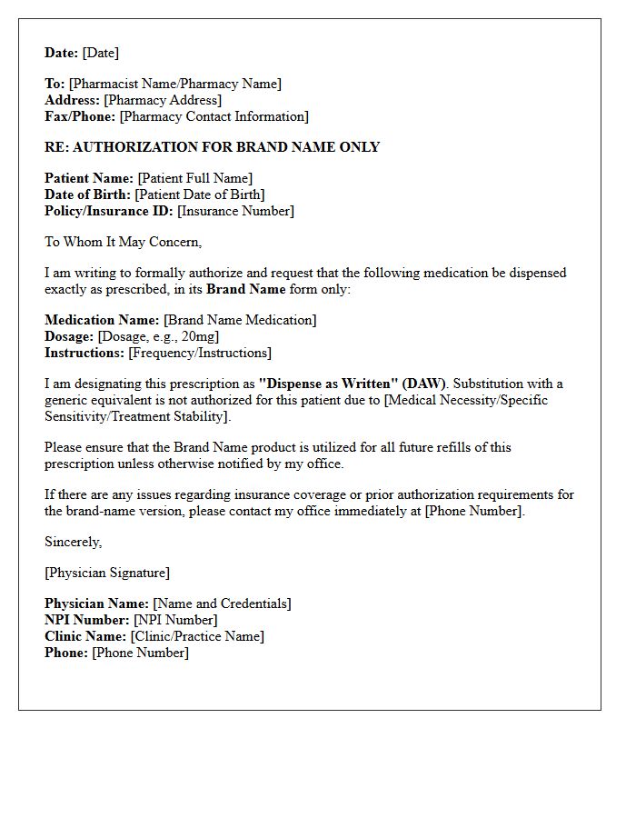 Brand Name Only Prescription Authorization Letter