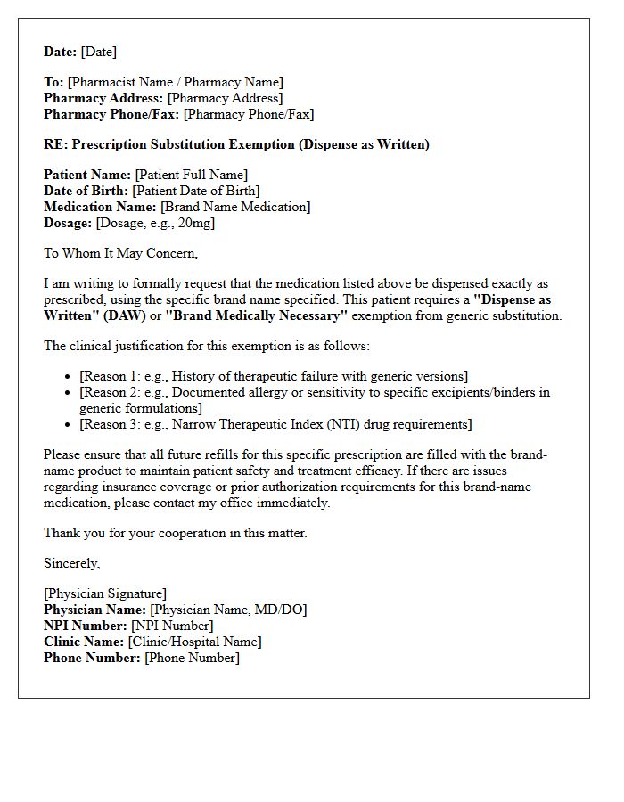 Pharmacy Prescription Substitution Exemption Letter