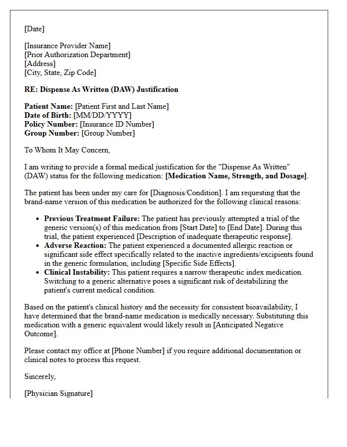 Medical Clinic Dispense As Written Justification Letter