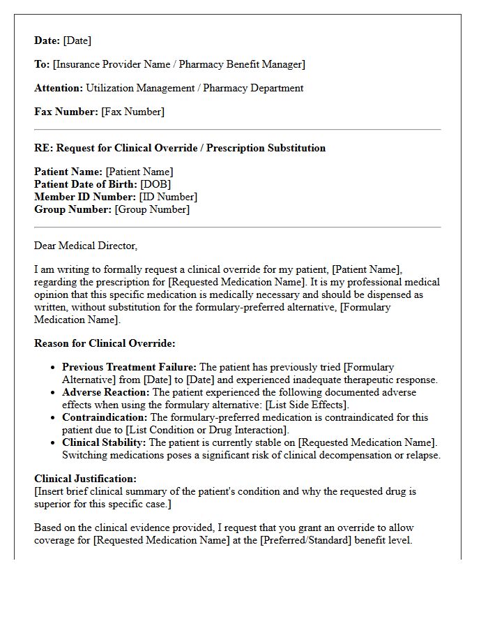 Clinical Override Prescription Substitution Letter