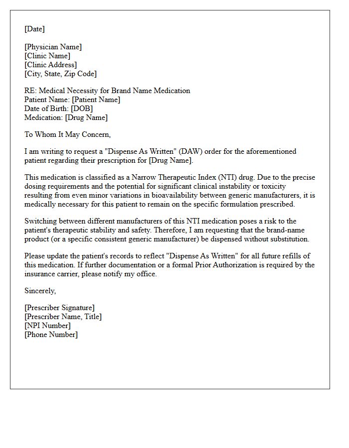 Narrow Therapeutic Index Dispense As Written Letter