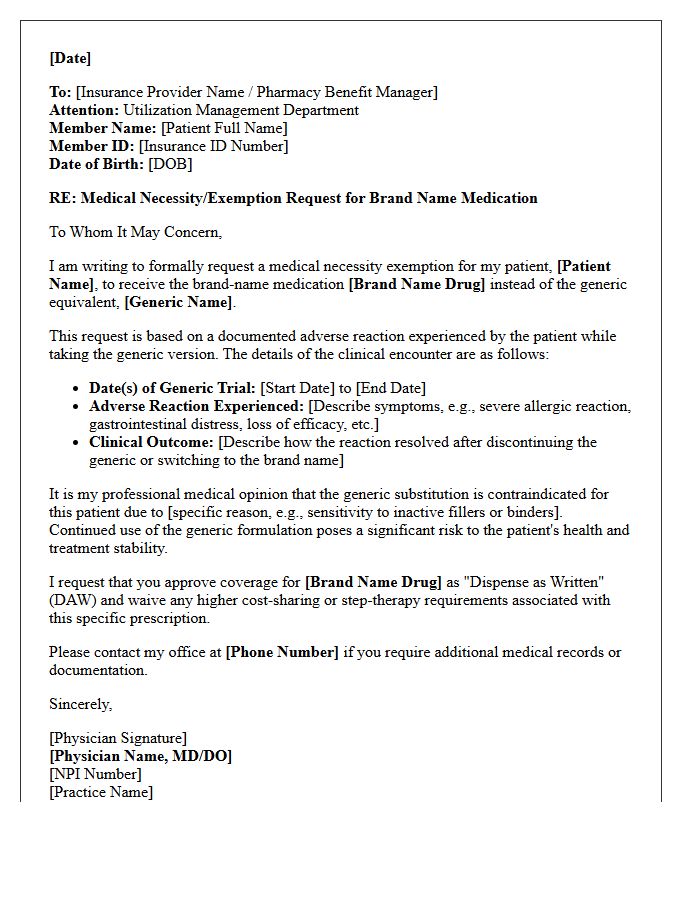Adverse Reaction Generic Substitution Exemption Letter