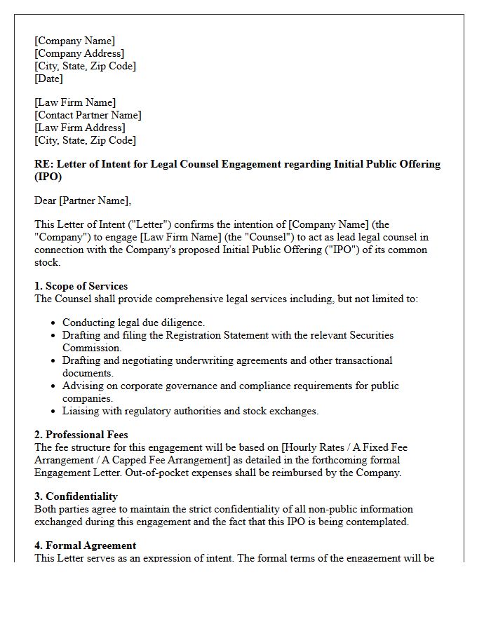 Letter of Intent for Legal Counsel Engagement in Initial Public Offering