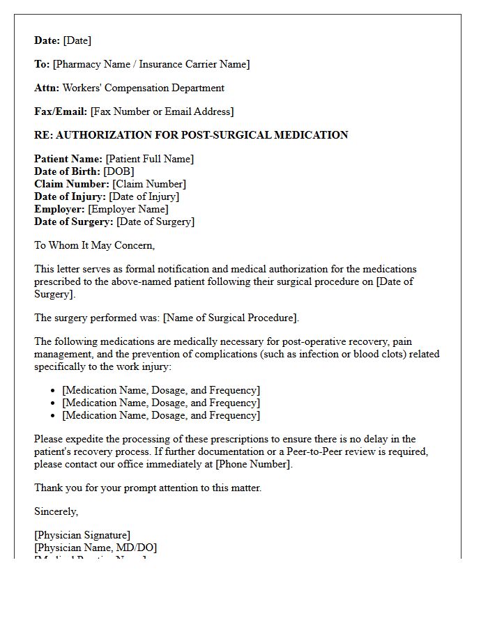 Post-Surgical Medication Workers Compensation Prescription Authorization Letter