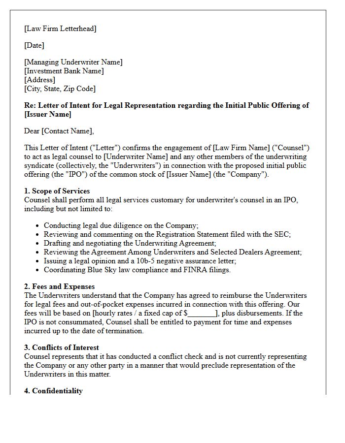 Letter of Intent for Underwriter Legal Representation in Initial Public Offering