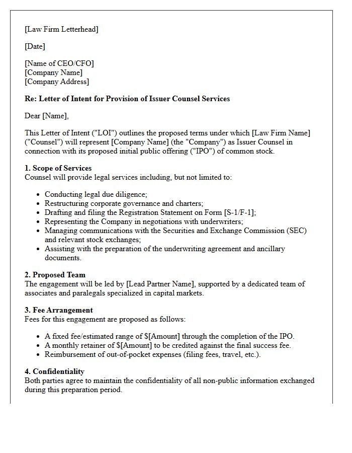 Letter of Intent for Issuer Counsel Services in Initial Public Offering Preparation