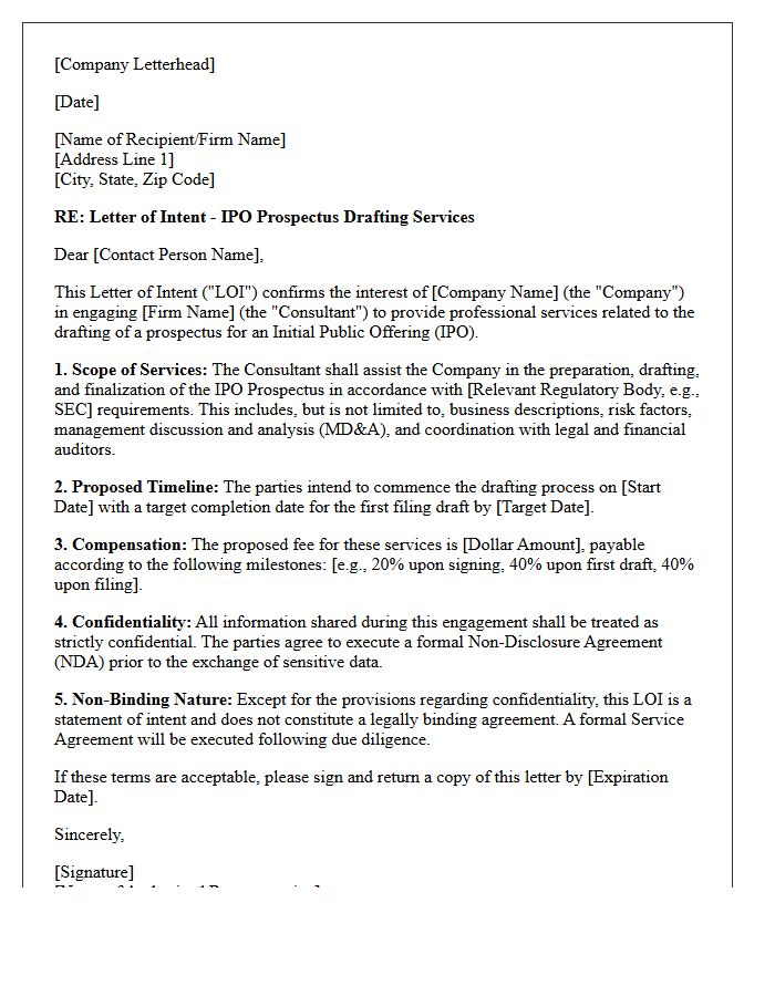 Letter of Intent for Initial Public Offering Prospectus Drafting Services