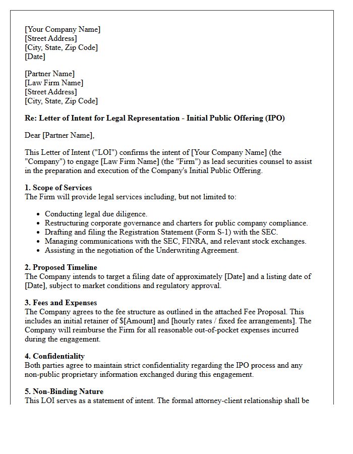 Letter of Intent for Securities Law Firm Initial Public Offering Preparation