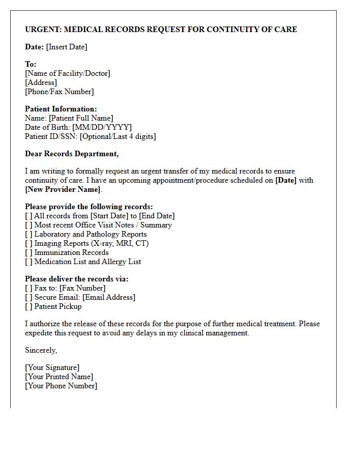 Urgent Medical Records Request Letter for Continuity of Care