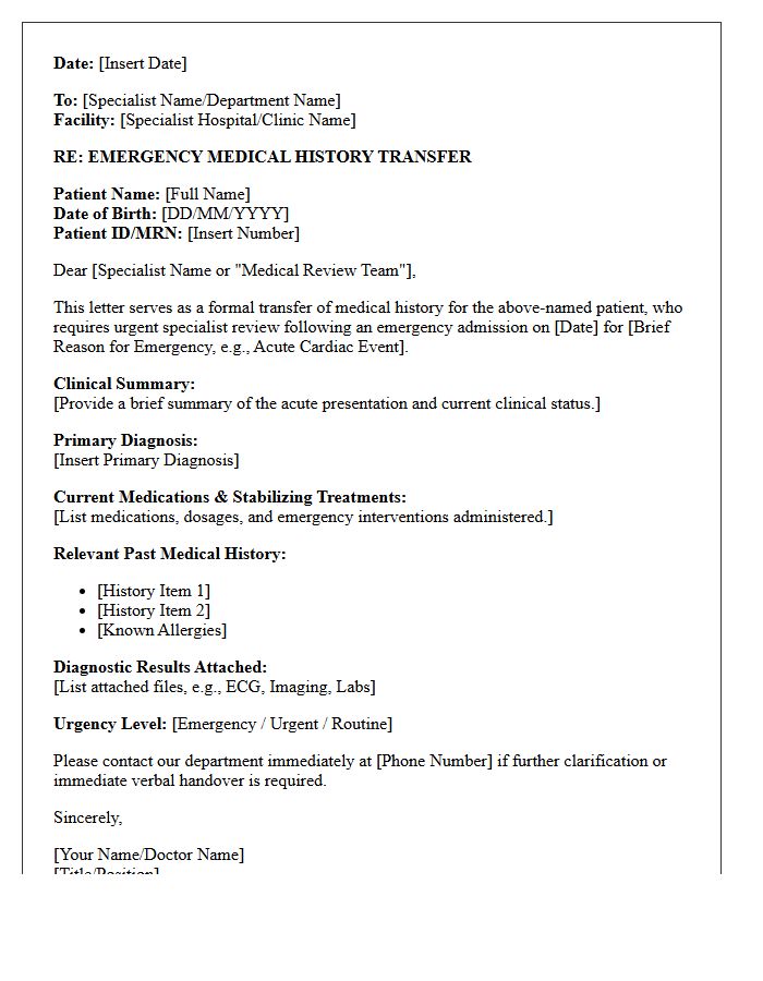 Emergency Medical History Transfer Letter for Specialist Review
