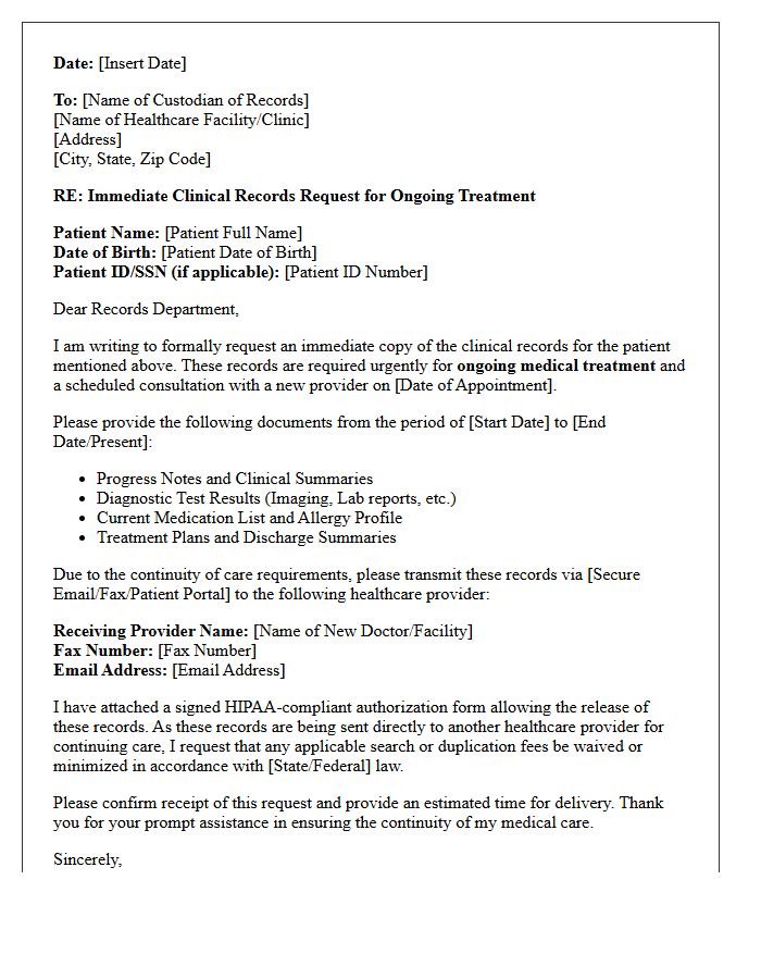 Immediate Clinical Records Request Letter for Ongoing Treatment