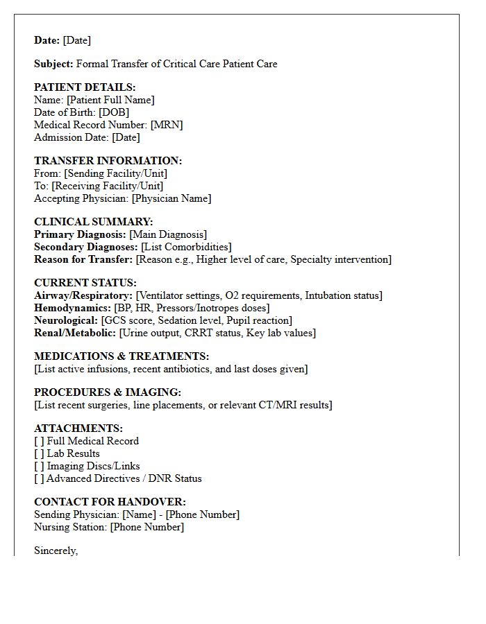 Critical Care Patient File Transfer Letter