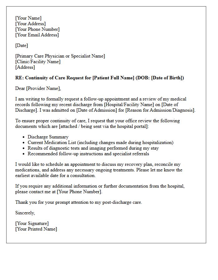 Post-Discharge Continuity of Care Request Letter