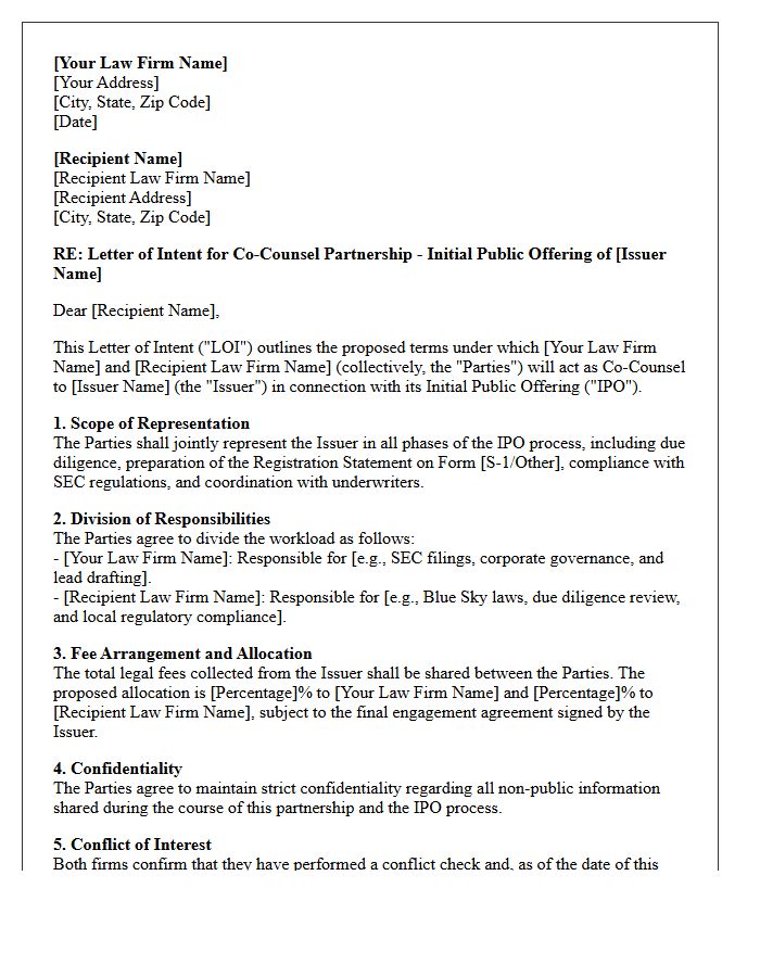Letter of Intent for Co-Counsel Partnership in Initial Public Offering