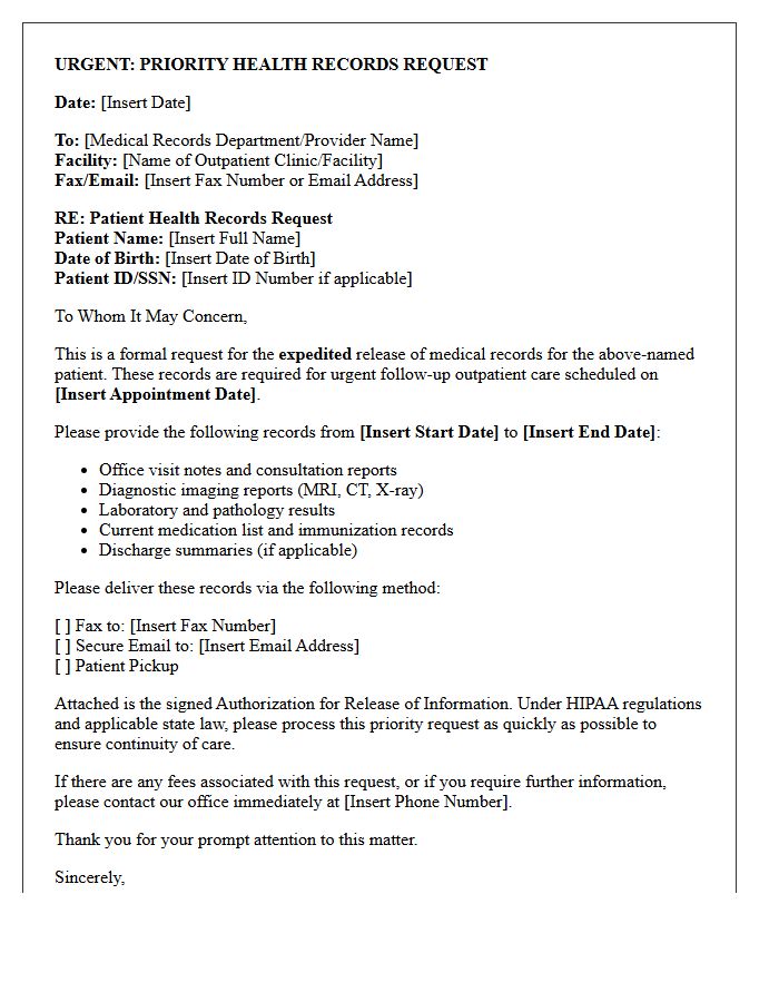 Priority Health Records Acquisition Letter for Outpatient Care