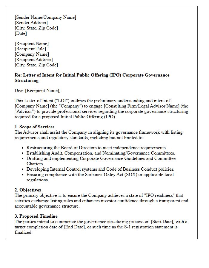Letter of Intent for Initial Public Offering Corporate Governance Structuring