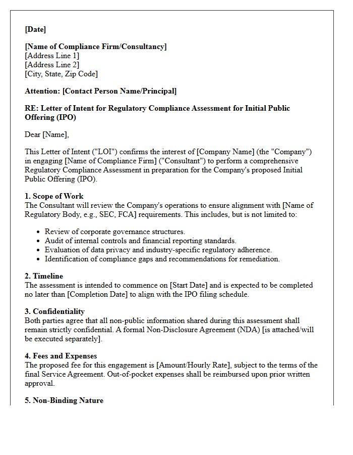 Letter of Intent for Regulatory Compliance Assessment in Initial Public Offering