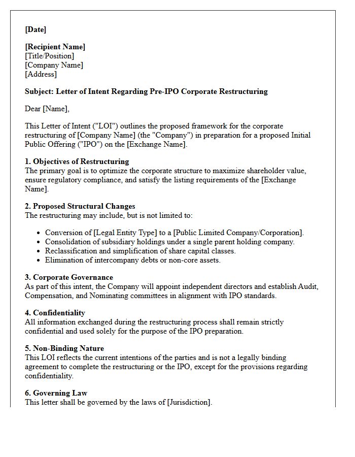 Letter of Intent for Corporate Restructuring Prior to Initial Public Offering