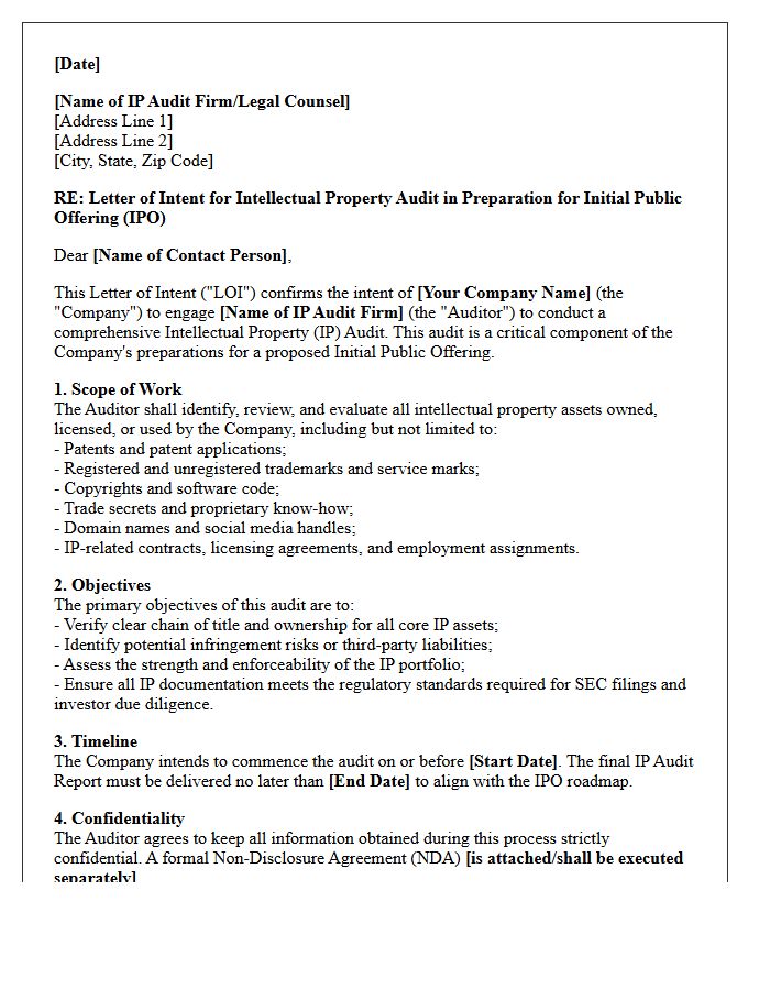 Letter of Intent for Intellectual Property Audit in Initial Public Offering Preparation