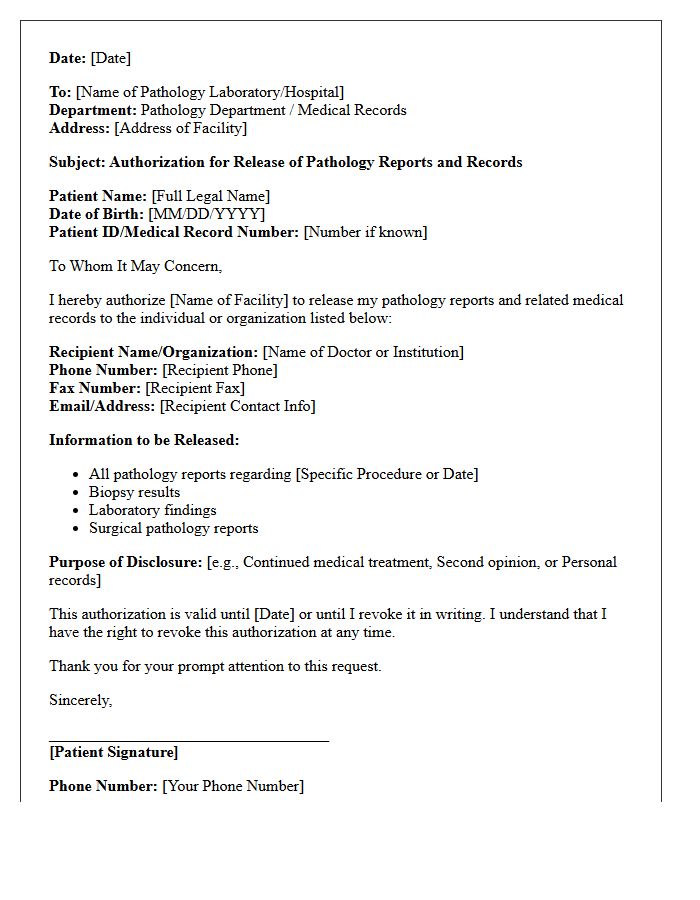 Patient Authorization Letter for Release of Pathology Reports
