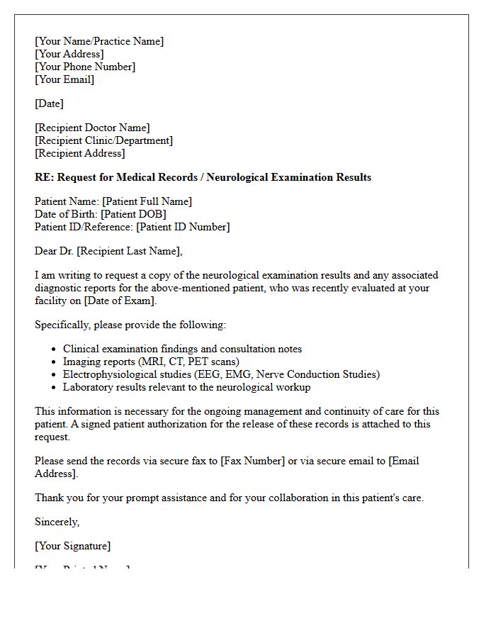 Specialist Letter Requesting Neurological Exam Results