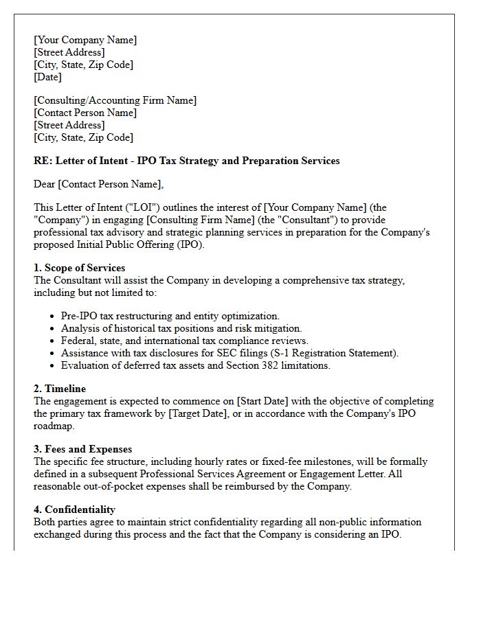 Letter of Intent for Initial Public Offering Tax Strategy Preparation
