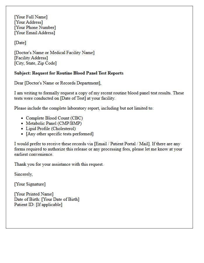 Standard Letter Requesting Routine Blood Panel Test Reports
