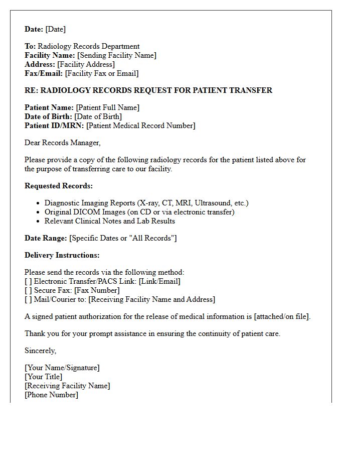Patient Transfer Radiology Records Request Letter