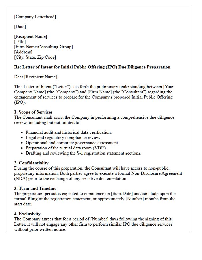 Letter of Intent for Initial Public Offering Due Diligence Preparation