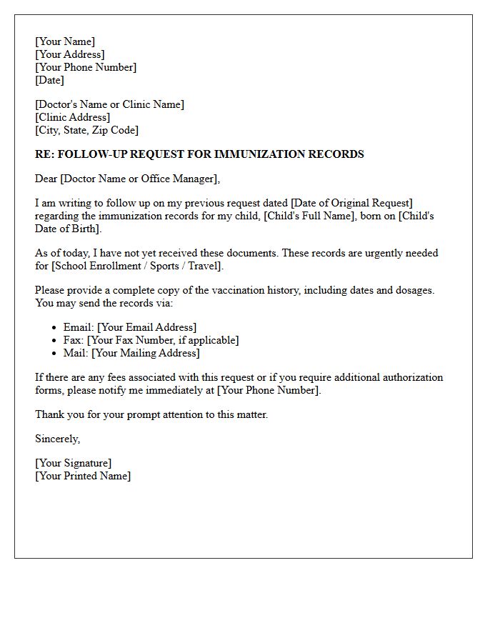 Follow-Up Pediatric Immunization Record Request Letter
