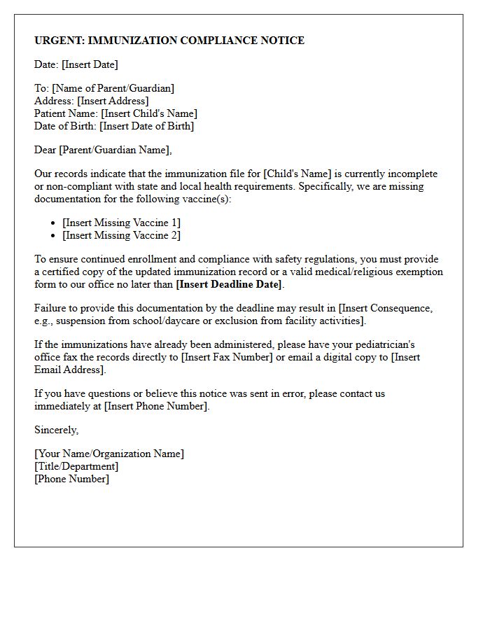 Urgent Compliance Pediatric Immunization Record Request Letter