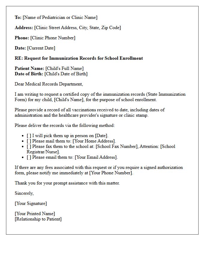 School Enrollment Pediatric Immunization Record Request Letter