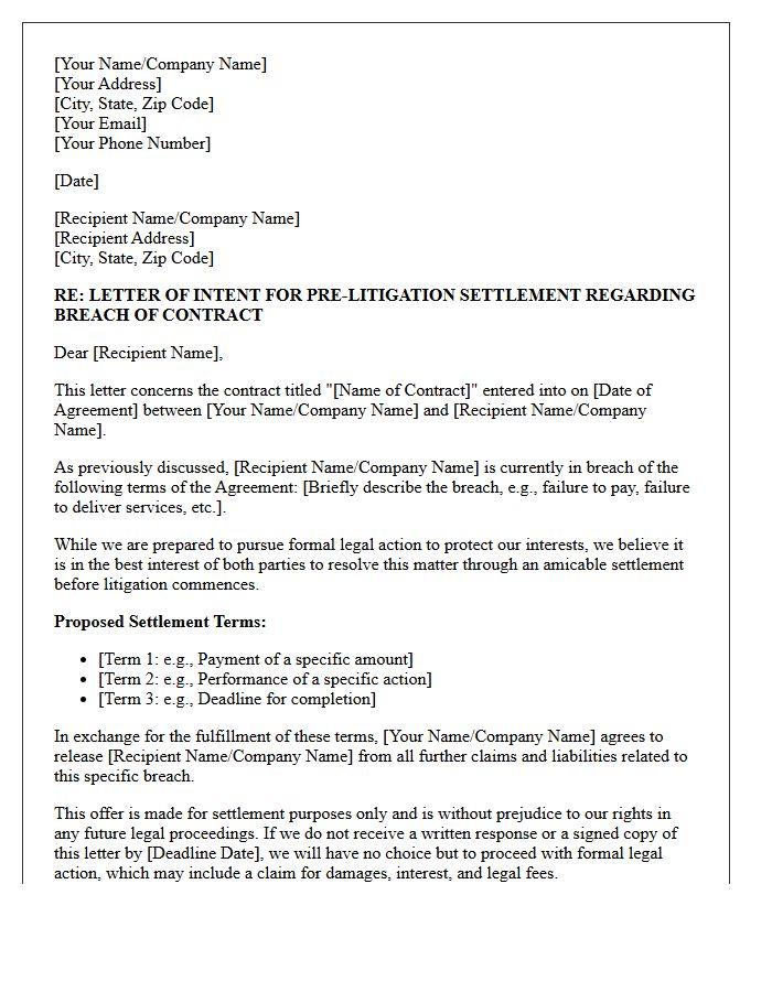 Letter of Intent for Pre-Litigation Settlement Regarding Breach of Contract