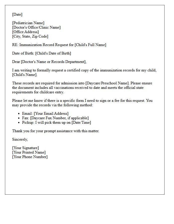 Daycare Admission Pediatric Immunization Record Request Letter