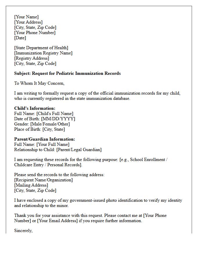 State Registry Pediatric Immunization Record Request Letter