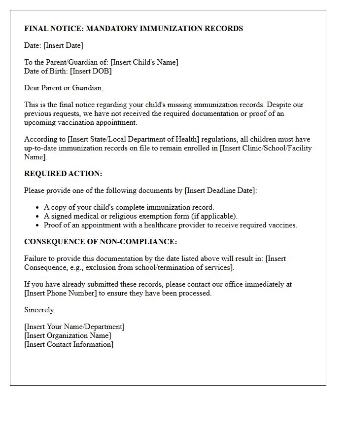 Final Notice Pediatric Immunization Record Request Letter