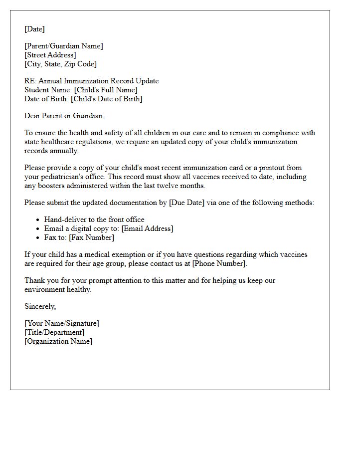 Annual Update Pediatric Immunization Record Request Letter