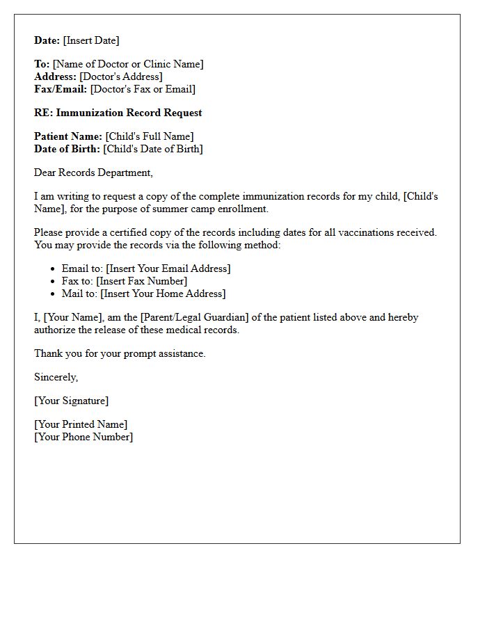 Camp Authorization Pediatric Immunization Record Request Letter