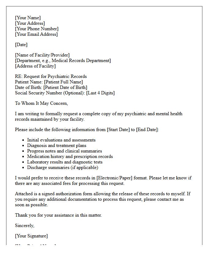 Letter to Request Patient Psychiatric Records