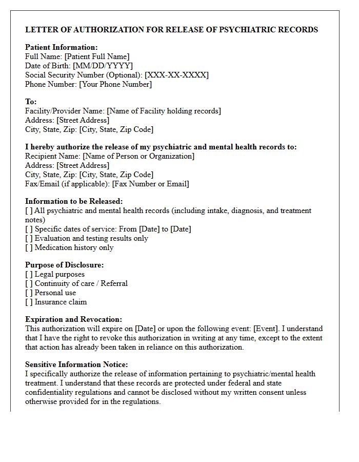 Letter of Authorization for Release of Psychiatric Records