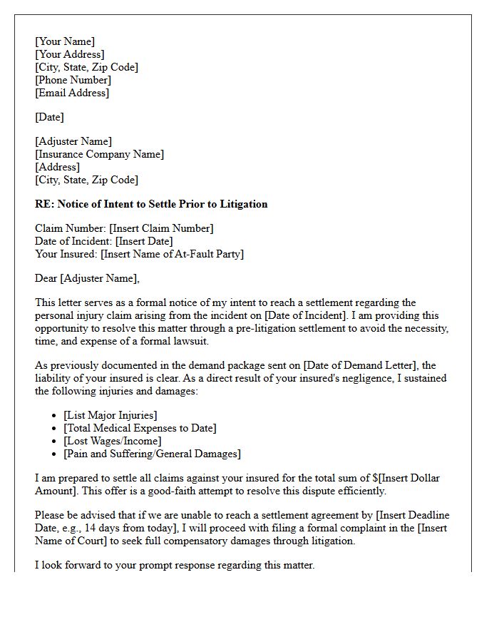 Letter of Intent for Pre-Litigation Settlement in Personal Injury Claim