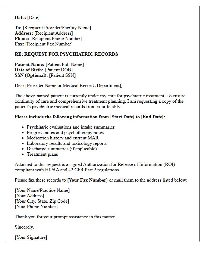 Provider to Provider Psychiatric Records Request Letter